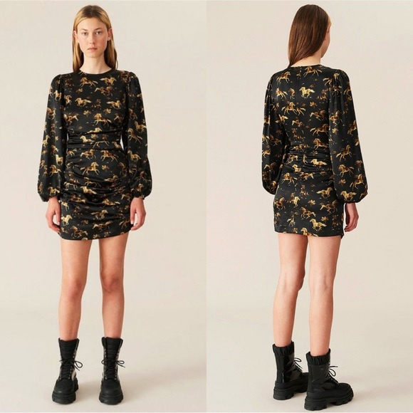 Ganni Dresses & Skirts - GANNI Silk Stretch Satin Mini Dress Horse Print Black Size 4